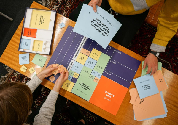 Two people are playing the Climate Puzzle. A game where the players lay cards corresponding to emission mitigation measures to reduce their footprint