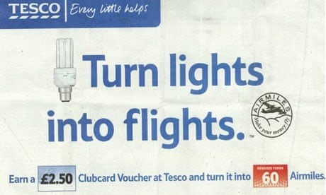 Tesco. Turn lights into flights. Earn a 2.50 pound Clubcard Voucher at Tesco and turn it into 60 airmiles.
