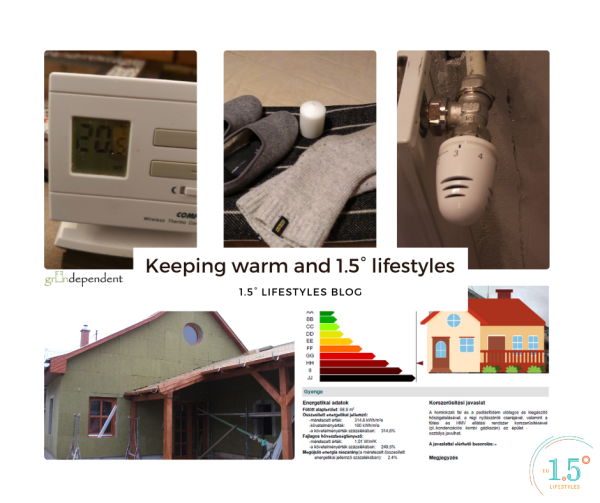 "Keeping warm and 1.5° lifestyles. 1.5° Lifestyles blog." Pictured are thermostats, wool socks, slippers and blankets, a candle, an energy certificate of a house, and a house being insulated