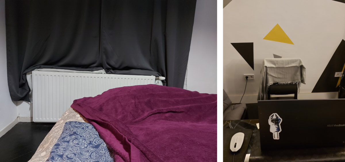 Two photos. One shows a bed with at least two layers of blankets and a window covered by heavy curtains which have been tucked behind and beneath the radiator to keep it uncovered. The other pictures shows a blanket lying on a chair behind a desk.