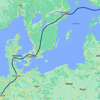 Route from Helsinki to Münster, passing through Denmark and Sweden