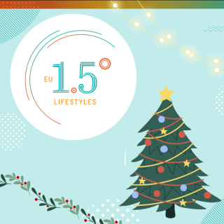 Pictured is the EU 1.5° Lifestyles logo alongside a christmas tree, some wreath ornament and some fairy lights