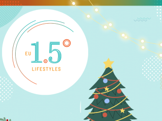 Pictured is the EU 1.5° Lifestyles logo alongside a christmas tree, some wreath ornament and some fairy lights